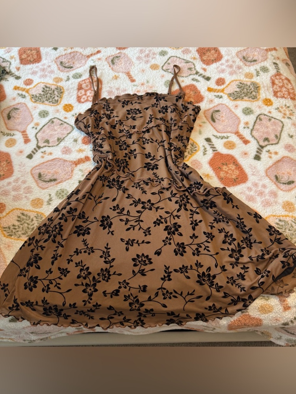 Brown Floral Slip Dress with Black Velvet Burnout
